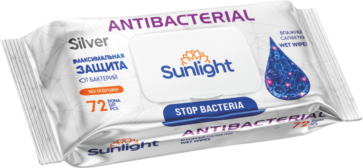 Влажные салфетки SUNLIGHT Antibacterial 72 шт (Silver) без запаха