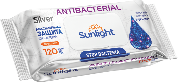 Влажные салфетки SUNLIGHT Antibacterial Silver без отдушки, 120 шт